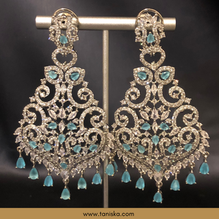 American Diamond Style Cubic Zirconia Statement Earring & Tikka Set - Silver/Sky Blue
