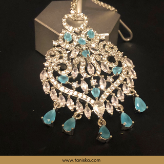 American Diamond Style Cubic Zirconia Statement Earring & Tikka Set - Silver/Sky Blue