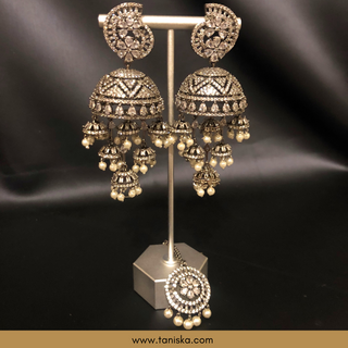 American Diamond Style Cubic Zirconia Statement Earring & Tikka Set - Gun Metal Silver Plated