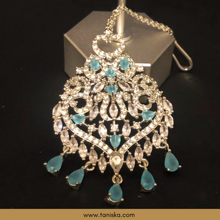 American Diamond Style Cubic Zirconia Statement Earring & Tikka Set - Silver/Sky Blue