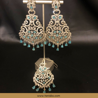 American Diamond Style Cubic Zirconia Statement Earring & Tikka Set - Silver/Sky Blue