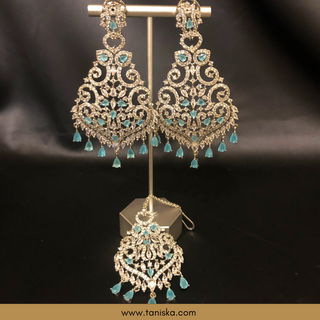 American Diamond Style Cubic Zirconia Statement Earring & Tikka Set - Silver/Sky Blue