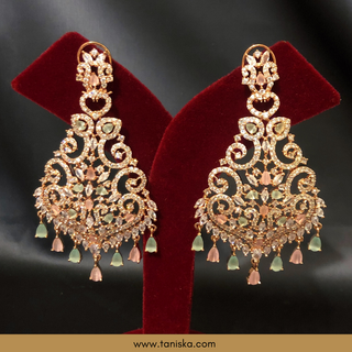 American Diamond Style Cubic Zirconia Statement Earring & Tikka Set - Rose Gold/Pink-Mint