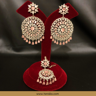 American Diamond Style Cubic Zirconia Statement Earring & Tikka Set - Silver/Baby Pink