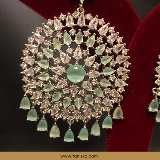 American Diamond Style Cubic Zirconia Statement Earring & Tikka Set - Silver/Mint