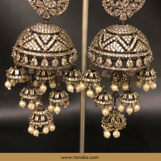 American Diamond Style Cubic Zirconia Statement Earring & Tikka Set - Gun Metal Silver Plated