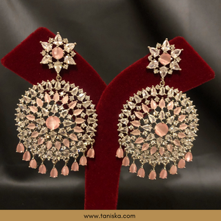 American Diamond Style Cubic Zirconia Statement Earring & Tikka Set - Silver/Baby Pink