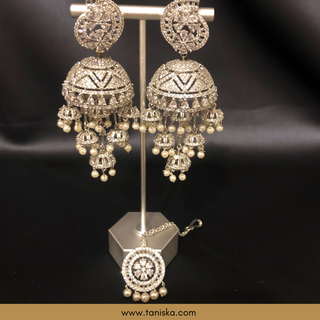 American Diamond Style Cubic Zirconia Statement Earring & Tikka Set - Silver Plated