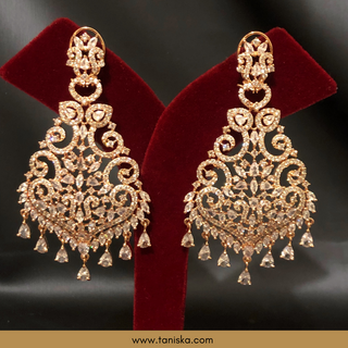 American Diamond Style Cubic Zirconia Statement Earring & Tikka Set - Rose Gold