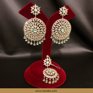 American Diamond Style Cubic Zirconia Statement Earring & Tikka Set - Silver/Mint