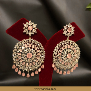 American Diamond Style Cubic Zirconia Statement Earring & Tikka Set - Silver/Baby Pink