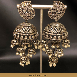American Diamond Style Cubic Zirconia Statement Earring & Tikka Set - Gun Metal Silver Plated