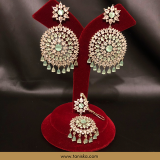 American Diamond Style Cubic Zirconia Statement Earring & Tikka Set - Silver/Mint