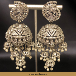 American Diamond Style Cubic Zirconia Statement Earring & Tikka Set - Silver Plated