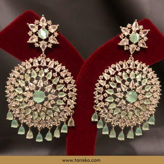 American Diamond Style Cubic Zirconia Statement Earring & Tikka Set - Silver/Mint