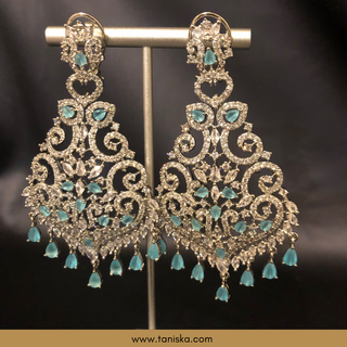 American Diamond Style Cubic Zirconia Statement Earring & Tikka Set - Silver/Sky Blue