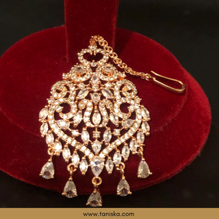 American Diamond Style Cubic Zirconia Statement Earring & Tikka Set - Rose Gold
