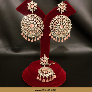 American Diamond Style Cubic Zirconia Statement Earring & Tikka Set - Silver/Baby Pink