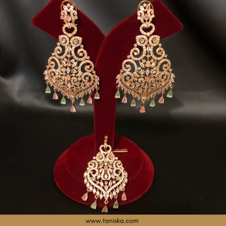 American Diamond Style Cubic Zirconia Statement Earring & Tikka Set - Rose Gold/Pink-Mint