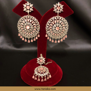 American Diamond Style Cubic Zirconia Statement Earring & Tikka Set - Silver/Baby Pink