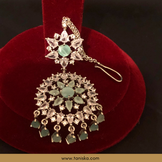 American Diamond Style Cubic Zirconia Statement Earring & Tikka Set - Silver/Mint