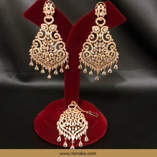 American Diamond Style Cubic Zirconia Statement Earring & Tikka Set - Rose Gold