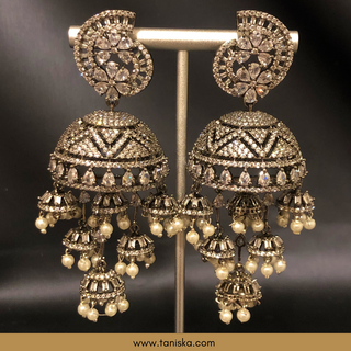 American Diamond Style Cubic Zirconia Statement Earring & Tikka Set - Gun Metal Silver Plated