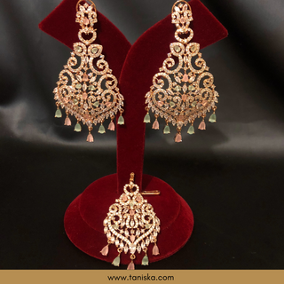 American Diamond Style Cubic Zirconia Statement Earring & Tikka Set - Rose Gold/Pink-Mint