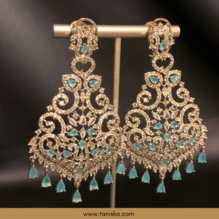 American Diamond Style Cubic Zirconia Statement Earring & Tikka Set - Silver/Sky Blue