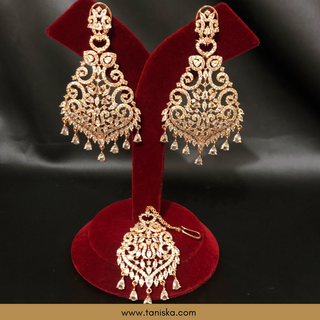 American Diamond Style Cubic Zirconia Statement Earring & Tikka Set - Rose Gold