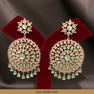 American Diamond Style Cubic Zirconia Statement Earring & Tikka Set - Silver/Mint