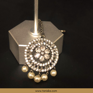 American Diamond Style Cubic Zirconia Statement Earring & Tikka Set - Gun Metal Silver Plated