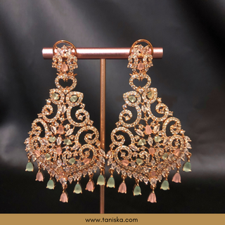 American Diamond Style Cubic Zirconia Statement Earring & Tikka Set - Rose Gold/Pink-Mint