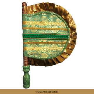 Punjabi Pakhi with Golden-Mint Decorated Patterns (Hand-Fan - Single Piece) - Decorative Hand Fan