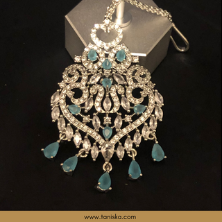 American Diamond Style Cubic Zirconia Statement Earring & Tikka Set - Silver/Sky Blue