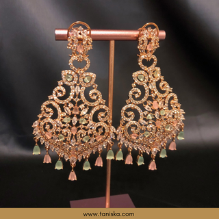 American Diamond Style Cubic Zirconia Statement Earring & Tikka Set - Rose Gold/Pink-Mint