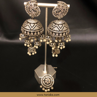 American Diamond Style Cubic Zirconia Statement Earring & Tikka Set - Gun Metal Silver Plated
