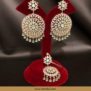 American Diamond Style Cubic Zirconia Statement Earring & Tikka Set - Silver/Mint