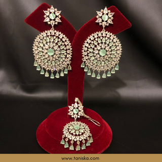 American Diamond Style Cubic Zirconia Statement Earring & Tikka Set - Silver/Mint