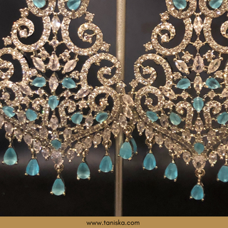 American Diamond Style Cubic Zirconia Statement Earring & Tikka Set - Silver/Sky Blue