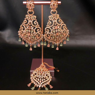 American Diamond Style Cubic Zirconia Statement Earring & Tikka Set - Rose Gold/Pink-Mint
