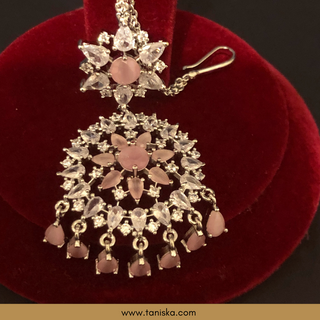 American Diamond Style Cubic Zirconia Statement Earring & Tikka Set - Silver/Baby Pink