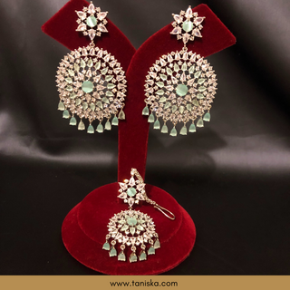 American Diamond Style Cubic Zirconia Statement Earring & Tikka Set - Silver/Mint