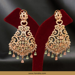 American Diamond Style Cubic Zirconia Statement Earring & Tikka Set - Rose Gold/Pink-Mint