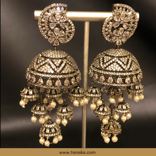 American Diamond Style Cubic Zirconia Statement Earring & Tikka Set - Gun Metal Silver Plated