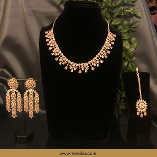 American Diamond Style Necklace Set - Rose Gold / Baby Pink - Necklace Set