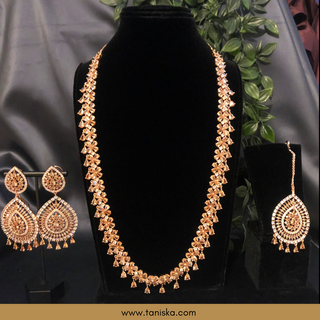 American Diamond Style Cubic Zirconia Long Necklace Set - Rose Gold - Necklace Set