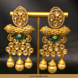 Noor Golden Kundan Earrings with Emerald Green
