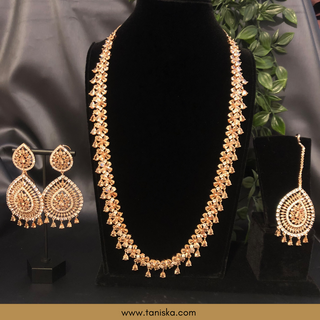 American Diamond Style Cubic Zirconia Long Necklace Set - Rose Gold - Necklace Set