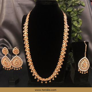 American Diamond Style Cubic Zirconia Long Necklace Set - Rose Gold - Necklace Set